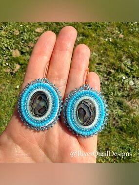 Handmade Beaded Earrings: Abalone Shell, Blue Beads, Leather. Native Made Art